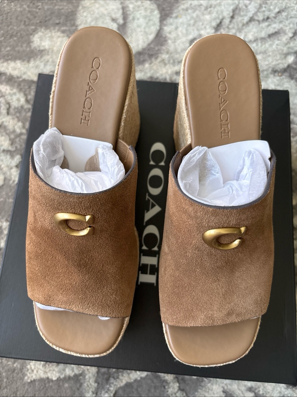 COACH Signature Suede Logo Espadrille Platform Wedge Slide Sandals Size-9.5 New - Picture 3 of 13